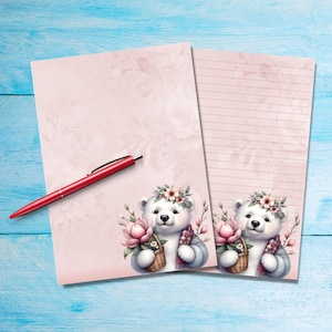 Floral Polar Bear writing paper, Cute A5 Pen pal supplies, Single stationery letter writing note sheets, Notepaper with or without lines