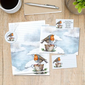 Teacup Robin matching penpal snailmail letter kit, A5 writing paper, envelopes, address labels, PDT label, round happy mail stickers