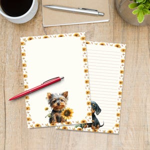Sunflower Puppies A5 letter writing paper, Pen pal supplies, Stationery lined or unlined letter sheets, Cute notepaper with or without lines