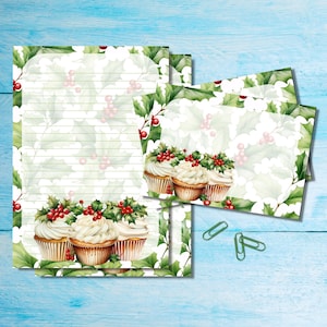 Set di cancelleria per corrispondenza "Cupcake glassati di agrifoglio" in formato A5, kit di buste abbinate per posta ordinaria, fogli di carta da lettere a righe o non a righe.