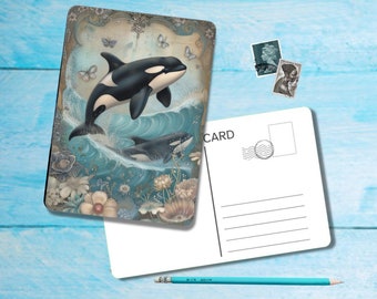 Whales Postcard (no.1), A6 size postcard with rounded corners, beautiful illustrated postcrossing single postcard 14.8 cm x 10.5 cm