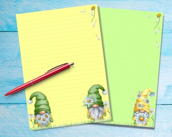 Daisy Gnomes A5 letter writing paper, Penpal stationery supplies lined or unlined single sheets, Watercolour notepaper with / without lines