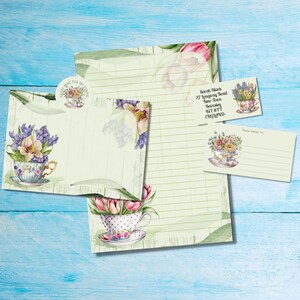 Tazze da tè in fiore abbinate al kit di lettere per posta ordinaria penpal, carta da lettere A5, buste, etichette per indirizzi, etichetta PDT, adesivi rotondi per posta felice