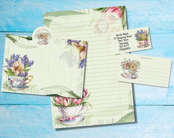 Teacups in Bloom matching penpal snailmail letter kit, A5 writing paper, envelopes, address labels, PDT label, round happy mail stickers