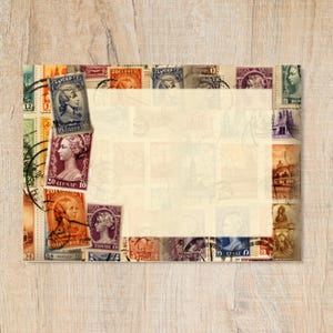 May include: Rectangular stationery with a border of vintage postage stamps. The stamps feature portraits, buildings, and various designs in shades of orange, purple, green, and blue. The center is a cream color, providing space for writing.