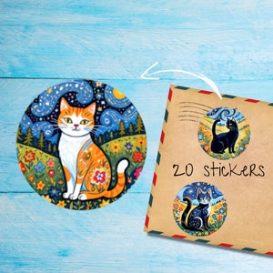 Pack d'autocollants chats de la nuit étoilée, jolies étiquettes de courrier rondes mates, mignonnes, coupées individuellement, fournitures pour correspondance pour décorer les enveloppes