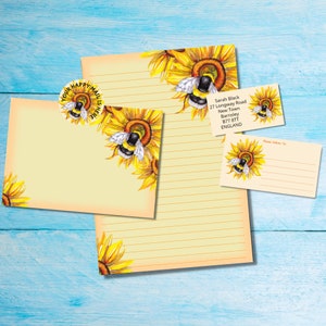 Kit de cartas para correspondencia a juego con Sunflower Bee, papel de carta tamaño A5, sobres, etiquetas de dirección, etiquetas PDT y pegatinas redondas Happy Mail