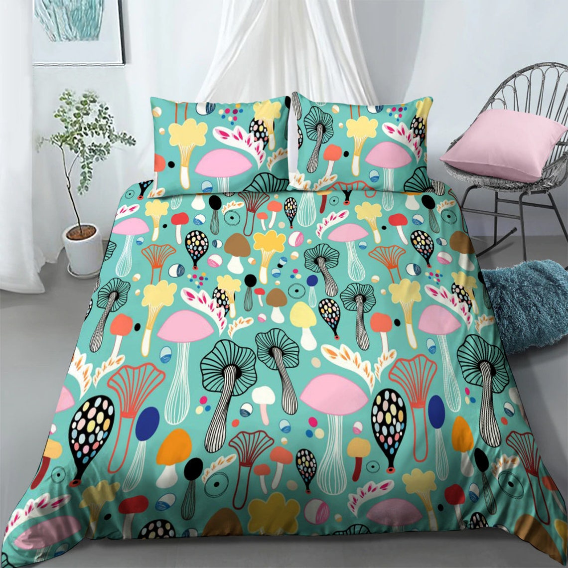 Colorful Of Mushrooms Bedding Set Custom Name Duvet Cover Etsy