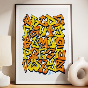 Pôster de alfabeto de grafite - laranja e limão | Arte de rua para quarto de adolescente | Fonte de grafite desenhada à mão - decorações tribais | Impressão sem moldura