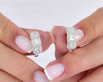 Baguette Diamond Earrings, Engagement Baguette, With 14K Solid White Gold, Women Earrings