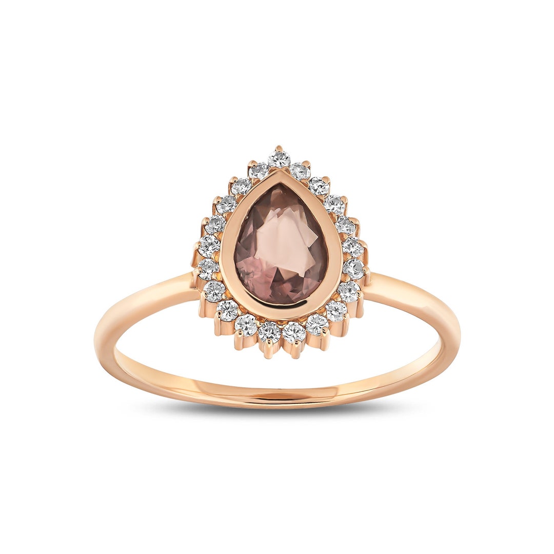 Pear Tourmaline Ring With Solid Gold and Diamond, Minimalist Ring ...