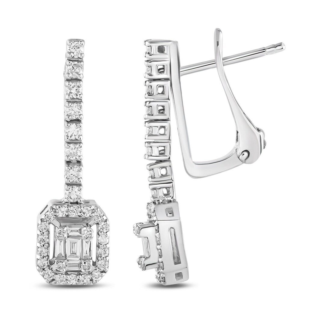 Classic Baguette Diamond Earrings, With 14K Solid White Gold, Women