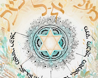 Jewish Art | Hebrew Calligraphy Painting |  Angels Prayer | Torah Verses | Giclée Printing | Custom Names