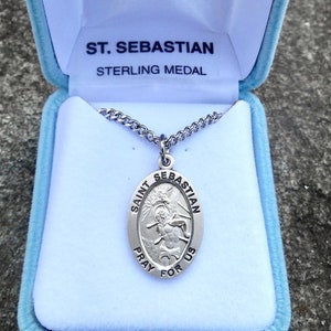 Sterling Silver Saint Sebastian Necklace, 20&quot; Rhodium Plated Curb Chain, Patron Saint Confirmation, First Communion Gift, Patron of Athletes