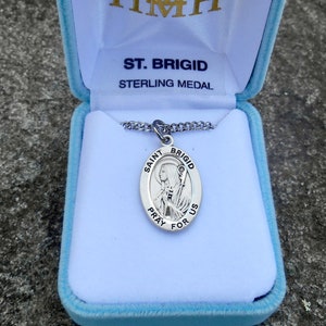 Sterling Silver Saint Brigid Necklace, 18" Rhodium Plated Curb Chain, Patron Saint Confirmation, First Communion Gift, Brigid of Ireland