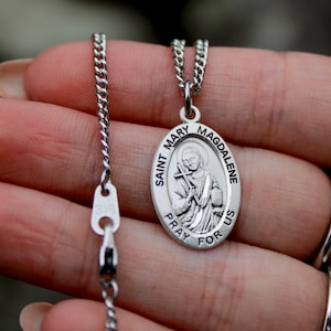 Sterling Silver Saint Mary Magdalene Necklace, 18&quot; Rhodium Plated Curb Chain, Patron Saint Confirmation, First Communion Gift