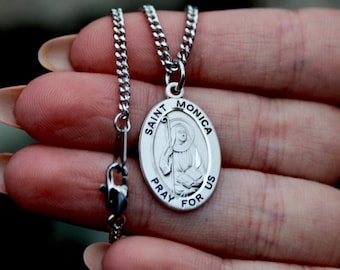 Sterling Silver Saint Monica Necklace, 18" Rhodium Plated Curb Chain, Patron Saint Confirmation, First Communion Gift, Patron Mothers