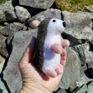 May include: A white and gray felt hedgehog toy with black eyes and pink feet. The toy is being held in a hand.