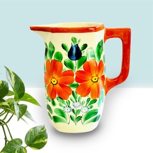 1930s Czech Floral Pitcher, Large Hand-Painted Ceramic Jug, Floral Kitchen Grandmillennial Cottage Decor