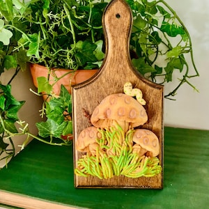 Vintage 1977 Signed Mushroom Caterpillar Wall Plaque, Handcrafted Wood Art, Boho Cottagecore Decor, Retro Kitchen Wall Art, Woodland Decor