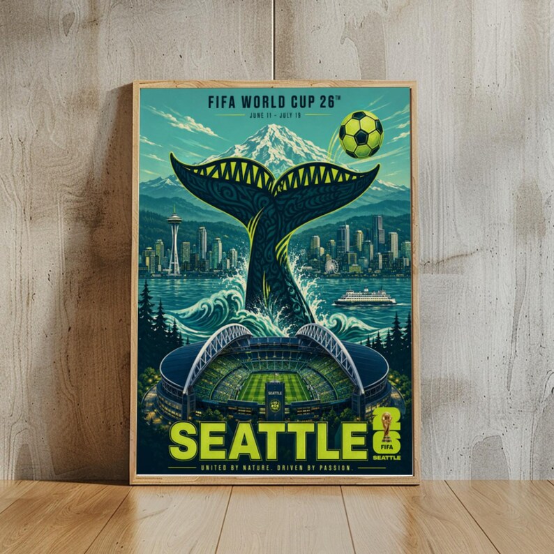 May include: A vertical poster for the FIFA World Cup 26 in Seattle. The design features a whale tail, the Seattle skyline, Mount Rainier, a soccer stadium, and a soccer ball. Text includes FIFA WORLD CUP 26, JUNE 11 - JULY 19, SEATTLE, and UNITED BY NATURE, DRIVEN BY PASSION.