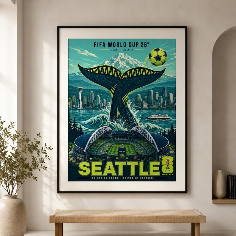 May include: A framed poster for the FIFA World Cup 26 in Seattle, featuring a whale tail rising from the water, the Seattle skyline with the Space Needle, a soccer stadium, a soccer ball, and the text FIFA WORLD CUP 26, SEATTLE, UNITED BY NATURE.