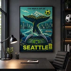 May include: A vertical poster for the FIFA World Cup 26 in Seattle featuring a large whale tail rising from the water in front of the Seattle skyline, the Space Needle, a stadium, a soccer ball, and the text FIFA WORLD CUP 26 SEATTLE.