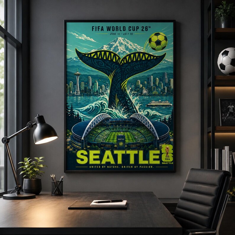 May include: A vertical poster for the FIFA World Cup 26 in Seattle featuring a large whale tail rising from the water in front of the Seattle skyline, the Space Needle, a stadium, a soccer ball, and the text FIFA WORLD CUP 26 SEATTLE.