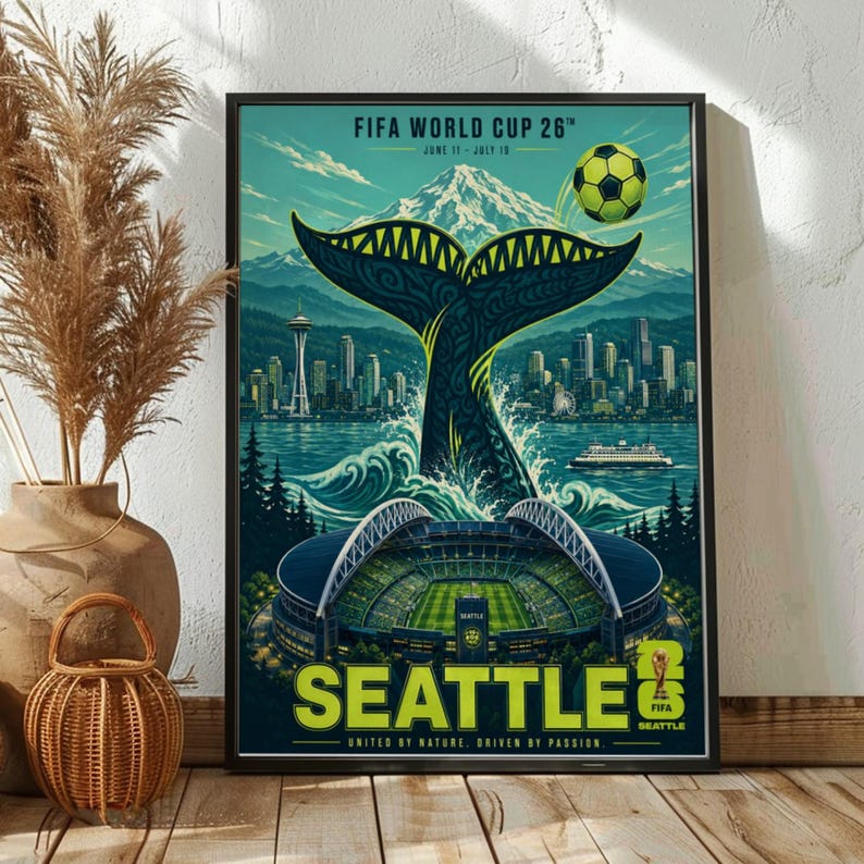 May include: A rectangular poster for the FIFA World Cup 26 in Seattle featuring a large whale tail rising from the water, the Seattle skyline with the Space Needle, a soccer stadium, a soccer ball, and the text FIFA WORLD CUP 26 SEATTLE.