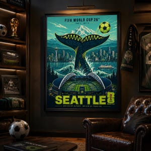May include: A framed poster for the FIFA World Cup 26 in Seattle featuring a whale tail rising from the water, the Seattle skyline, a soccer stadium, and a soccer ball. The text reads FIFA WORLD CUP 26, JUNE 11 - JULY 19, SEATTLE, UNITED BY NATURE. DRIVEN BY PASSION.