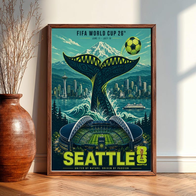 May include: A rectangular poster for the FIFA World Cup 26 in Seattle featuring a large whale tail, a soccer ball, the Seattle skyline with the Space Needle, a stadium, and the text FIFA WORLD CUP 26, JUNE 11-JULY 19, SEATTLE, UNITED BY NATURE.