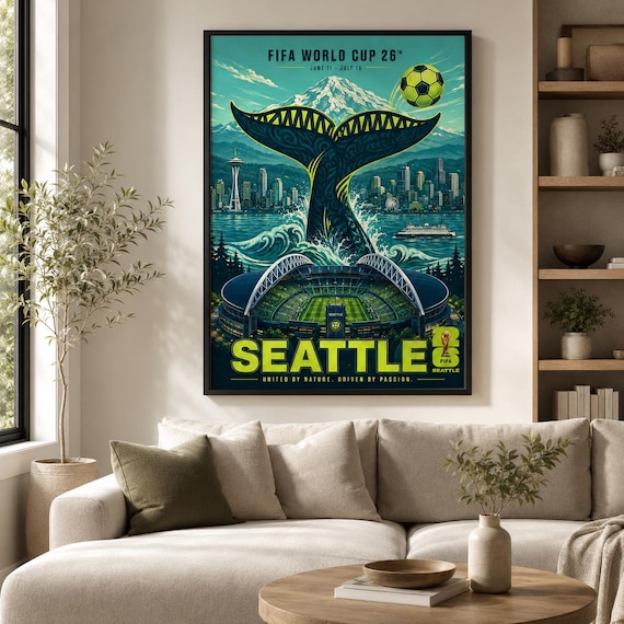 Seattle World Cup Poster, Whale Tail Skyline Stadium Wall Art Print