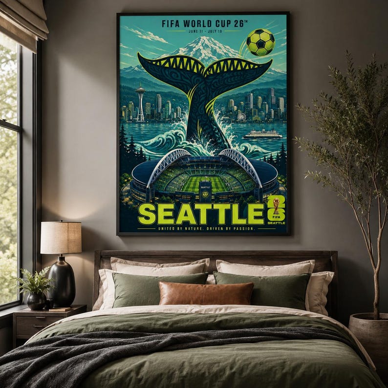 May include: A vertical poster featuring a whale tail rising from water in front of a city skyline, a mountain, and a stadium. The text reads FIFA WORLD CUP 26, SEATTLE, and UNITED BY NATURE. DRIVEN BY PASSION. A soccer ball is visible in the sky.