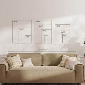 May include: A beige sofa with plaid and solid pillows sits below a wall display showing three sets of nested rectangular frames with dimensions in inches: 24x30, 16x20, 8x10, 20x30, 16x24, 12x18, 8x12, 18x24, 12x16, and 9x12. The sofa width is 88 inches.