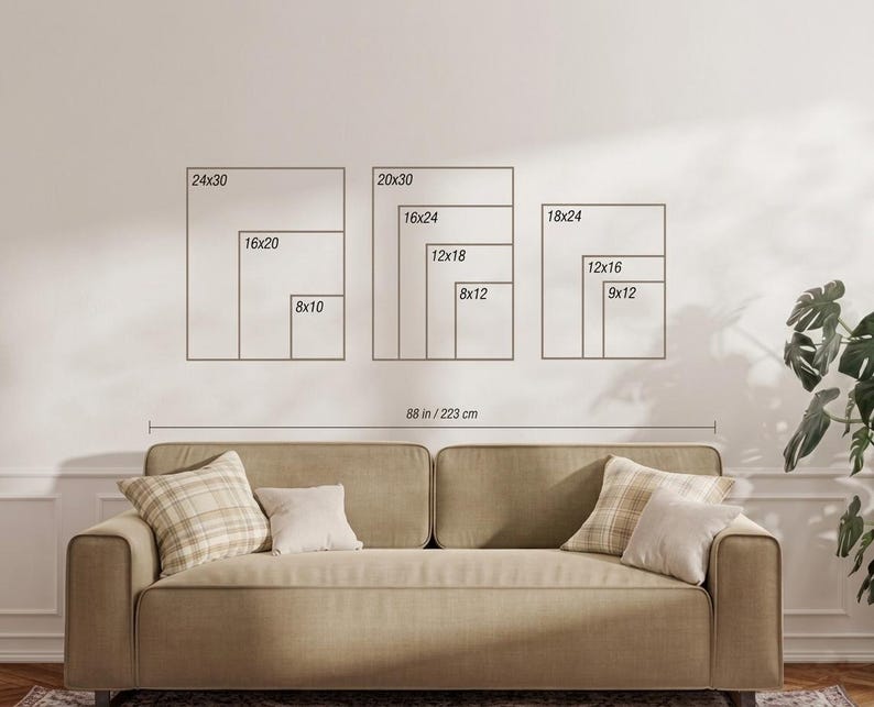 May include: A beige sofa with plaid and solid pillows sits below a wall display showing three sets of nested rectangular frames with dimensions in inches: 24x30, 16x20, 8x10, 20x30, 16x24, 12x18, 8x12, 18x24, 12x16, and 9x12. The sofa width is 88 inches.