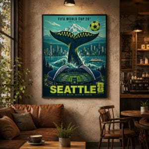 May include: A vertical poster for the FIFA World Cup 26 in Seattle featuring a whale tail rising from water, a soccer ball, the Seattle skyline with the Space Needle, a stadium, and the text FIFA WORLD CUP 26, SEATTLE, UNITED BY NATURE, DRIVEN BY PASSION.