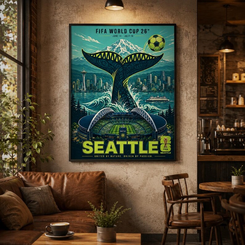 May include: A vertical poster for the FIFA World Cup 26 in Seattle featuring a whale tail rising from water, a soccer ball, the Seattle skyline with the Space Needle, a stadium, and the text FIFA WORLD CUP 26, SEATTLE, UNITED BY NATURE, DRIVEN BY PASSION.