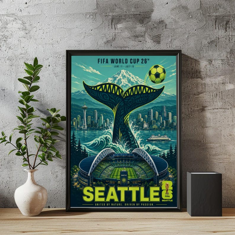 May include: A framed poster for the FIFA World Cup 26 in Seattle featuring a large whale tail rising from water, the Space Needle, a mountain, a soccer stadium, and a soccer ball. The text reads FIFA WORLD CUP 26, SEATTLE, and UNITED BY NATURE.