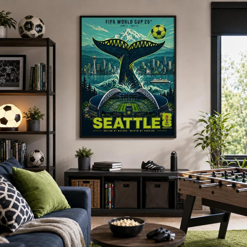 May include: A rectangular wall poster featuring a stylized graphic of a whale tail rising from water in front of the Seattle skyline, Mount Rainier, and a stadium. The text reads FIFA WORLD CUP 26, SEATTLE, and UNITED BY NATURE. DRIVEN BY PASSION.