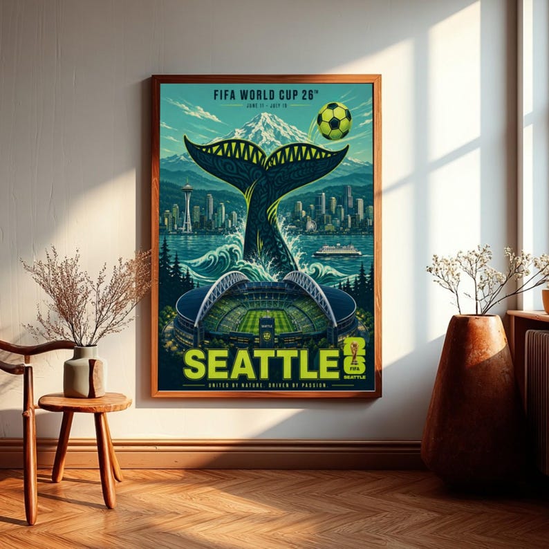 May include: A framed poster for the FIFA World Cup 26 in Seattle, featuring a whale tail, a soccer ball, the Seattle skyline with the Space Needle, a stadium, and the text FIFA WORLD CUP 26, JUNE 11 - JULY 19, SEATTLE, UNITED BY NATURE, DRIVEN BY PASSION.
