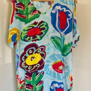 VTG 90s Jams World Abstract Summer Watercolor Big Floral Cut Out Shoulder Beach Shift Dress Coverup XS