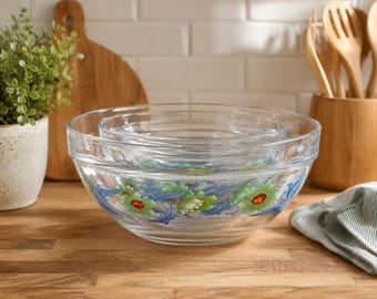 Vintage kejserliga glas skålset | Blommiga blandningsskålar | Retro köksinredning | Serveringsskålar från mitten av århundradet | Kök i lantlig stil, 5-pack