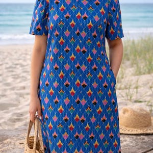 Vintage Bayard Union Made Dress Colorful Geometric Print Puff Sleeve Shift Dress 70s 80s Retro Mod Dress Made in USA