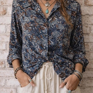 Vintage 70s Polyester Button Up Womens Leaf Shirt Cactus Flower By Dallas