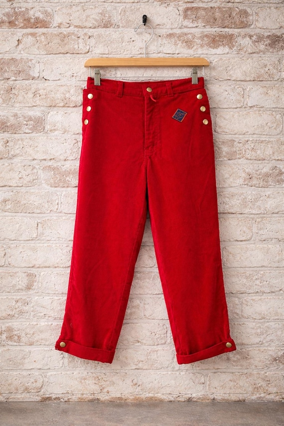 Vintage D.C. One Fire Engine Red Corduroy Sailor Boy Nautical Scout Gold Button Capri Pant Sz 0/2