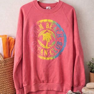 Vintage Jerzees Palm Beach-sweater groot | Retro Florida grafische ronde hals | Strandtrui uit de jaren 80 en 90 | Vervaagde koraalkleurige raglantrui