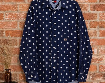 Koszula męska Tommy Hilfiger Vintage z guzikami, rozmiar XL, granatowa, z nadrukiem w gwiazdy, bawełniana, z długim rękawem, w stylu amerykańskim, w stylu amerykańskim, w rozmiarze XXL