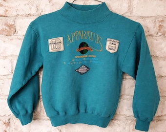 Vintage 90s Apparatus Kids Sweatshirt Size 7 | Teal Graphic Crewneck | Save the Planet Pullover