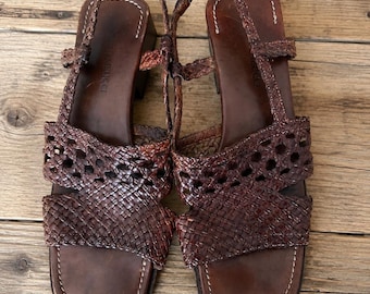 Vintage Sesto Meucci Woven Brown Leather Sandals Made in Italy | Women’s Slingback Block Heel Huarache Sandals Boho Luxe