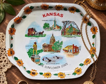 Vintage Kansas souvenir dienblad zonnebloem staat metalen dienblad halverwege de eeuw reismemorabilia Eisenhower Home Topeka Wichita decor 8 inch